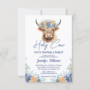 Blue & Orange Floral Holy Cow Boy Baby Shower Invitation