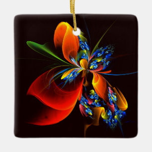 Blue Orange Floral Modern Abstract Art Pattern #03 Ceramic Ornament