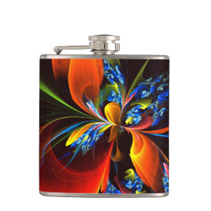 Blue Orange Floral Modern Abstract Art Pattern #03 Hip Flask