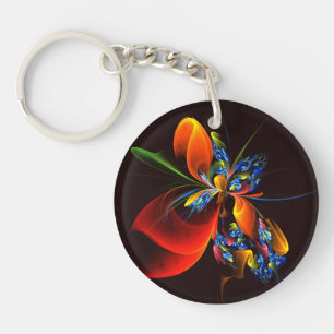 Blue Orange Floral Modern Abstract Art Pattern #03 Key Ring