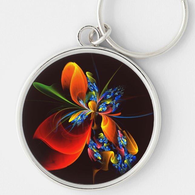 Blue Orange Floral Modern Abstract Art Pattern #03 Key Ring (Front)