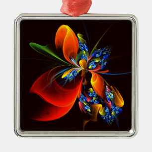 Blue Orange Floral Modern Abstract Art Pattern #03 Metal Ornament