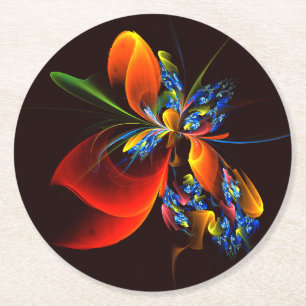 Blue Orange Floral Modern Abstract Art Pattern #03 Round Paper Coaster