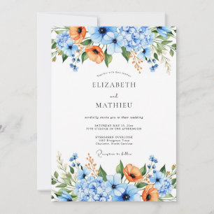Blue Orange Floral Nature Wedding Invitation