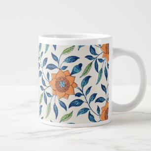 Blue & Orange Floral Pattern Large Coffee Mug