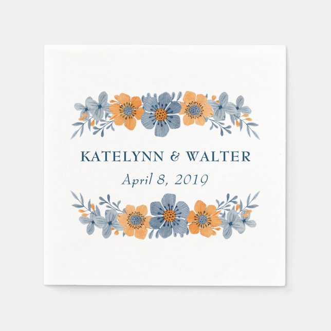 Blue & Orange Flower Wedding Custom Napkins (Front)