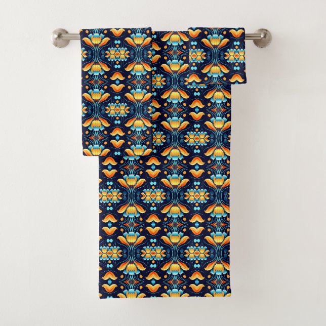blue orange flowers Art Deco Bath Towel Set (Insitu)