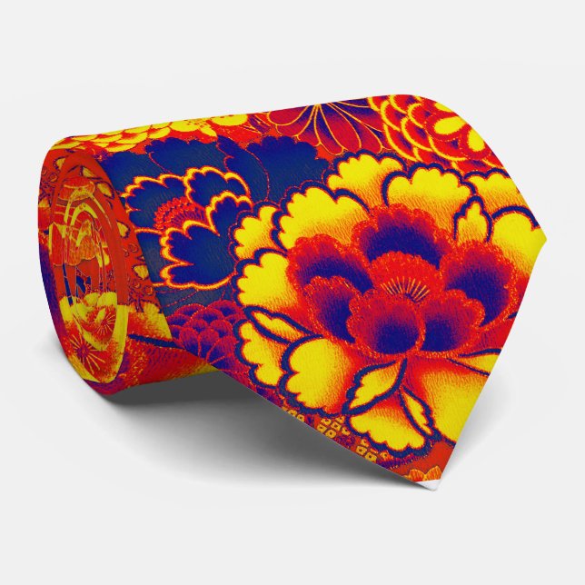 BLUE ORANGE FLOWERS Peony,Roses Japanese Floral Tie (Rolled)