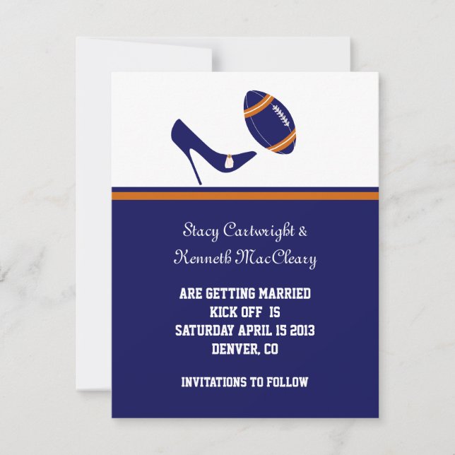 Blue & Orange Football Wedding Save The Date (Front)