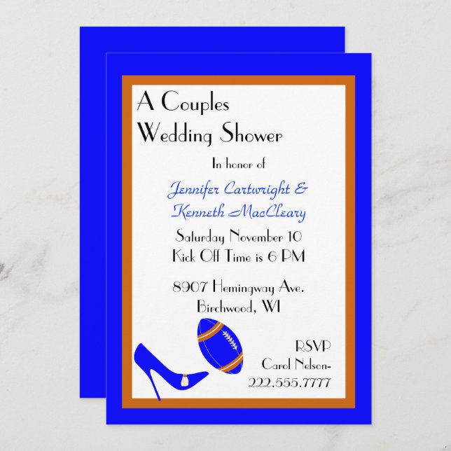 Blue & Orange Football Wedding Shower Invitation (Front/Back)