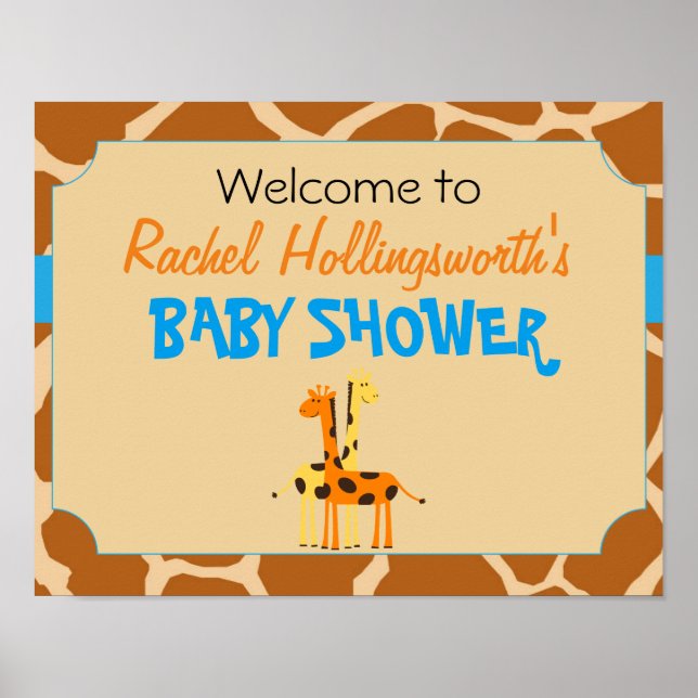 Blue & Orange Giraffe Baby Shower Welcome Poster (Front)