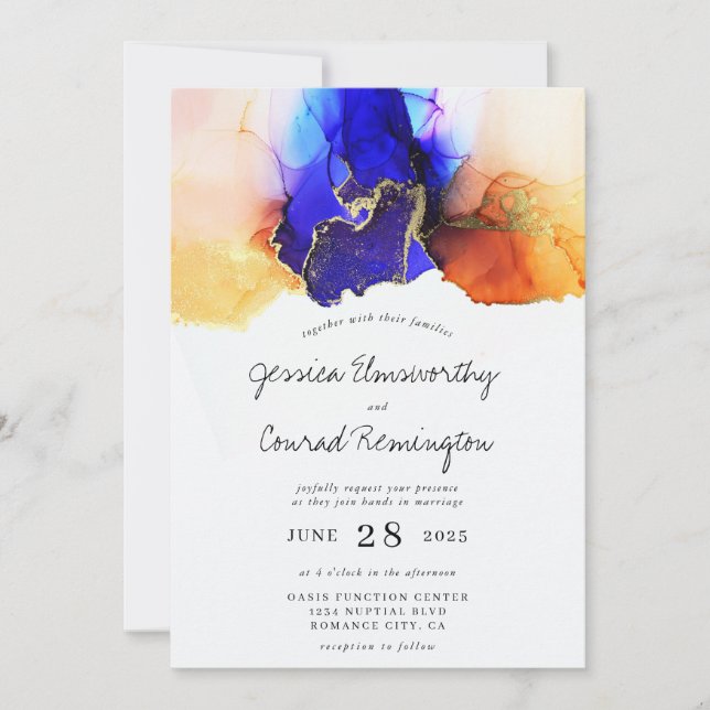 Blue Orange Gold Wedding Invitation (Front)