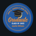 Blue Orange Graduate Custom 2025 Graduation Party Magnet<br><div class="desc">This modern blue and orange custom senior graduate magnet features classy white typography of your high school or college name for the class of 2025. Customise with your graduating year under the chic black handwritten script and black grad cap for a great personalised graduation keepsake.</div>