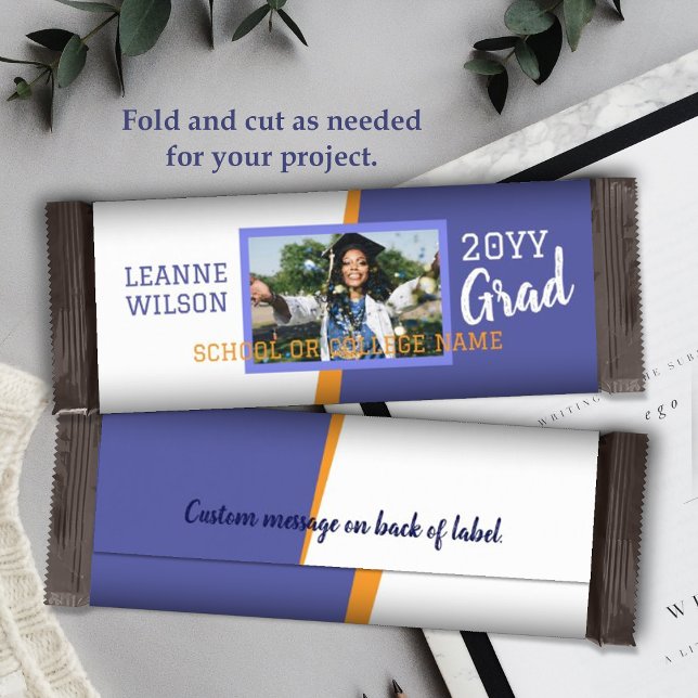 Blue, Orange Graduation Custom Candy Bar Wrapper (blue graduation personalized candy bar wrapper, diy chocolate bar label to celebrate your grad)