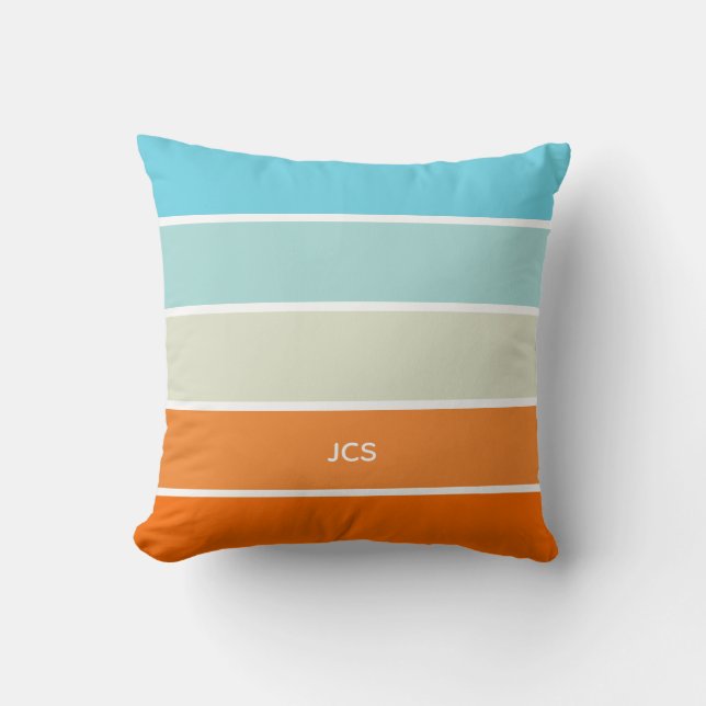 Blue Orange Green Colour Block Stripes Monogram Cushion (Front)