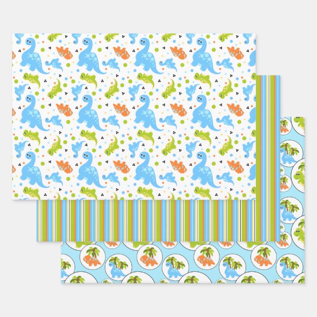 Blue, Orange, Green Coordinating Dinosaur Wrapping Paper Sheet (Set)