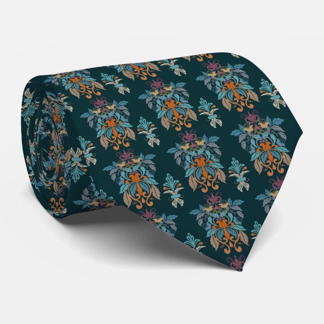 Blue Orange Green Ethnic Oriental Pattern Necktie (Rolled)