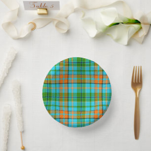 Blue Orange Green Plaid Tartan Design Paper Plate