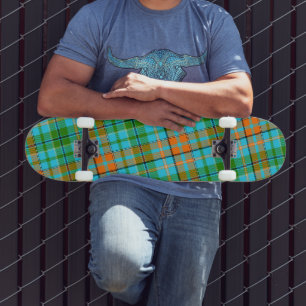 Blue Orange Green Plaid Tartan Design Skateboard