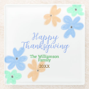 Blue orange green watercolor flower winterThanks Glass Coaster
