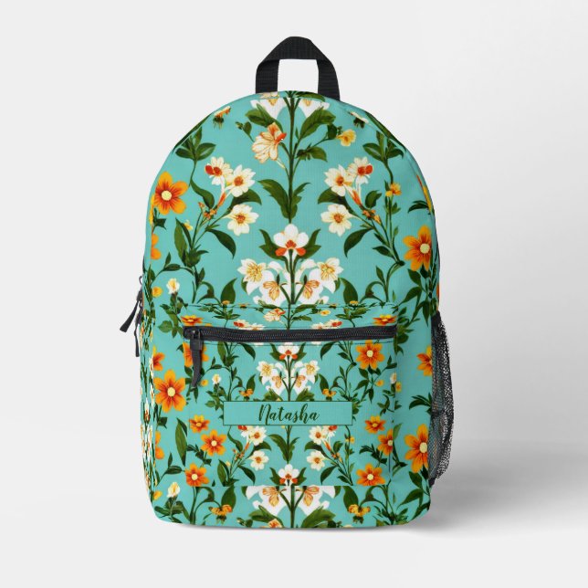 Blue Orange Green Wildflower Boho Elegant Spring Printed Backpack (Front)