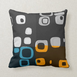Blue, Orange, Grey Retro Abstract Art Pillow