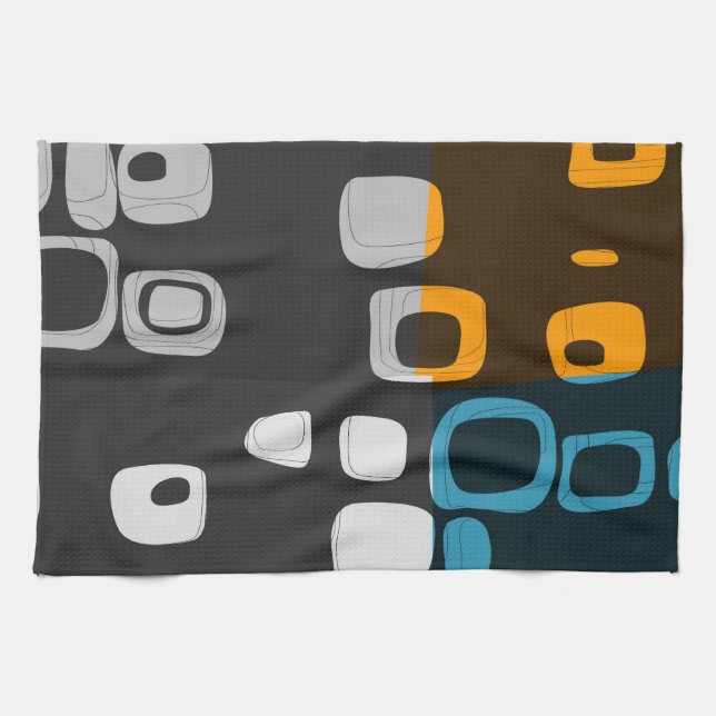 Blue, Orange, Grey Retro Abstract Art Tea Towel (Horizontal)