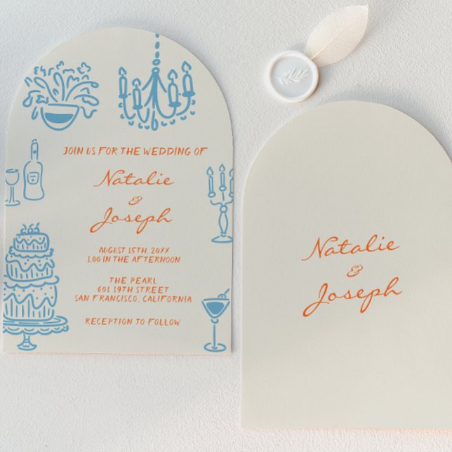 Blue Orange Hand Drawn Whimsical Arched Wedding Invitation (Creator Uploaded)