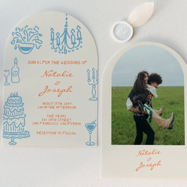 Blue Orange Hand Drawn Whimsical Arched Wedding Invitation (Creator Uploaded)