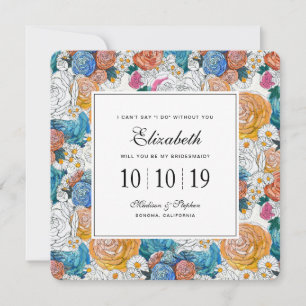 Blue & Orange Hand Painted Flowers - Bridesmaid Invitation