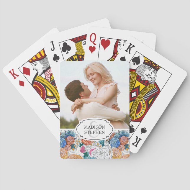 Blue & Orange Hand Painted Flowers - Wedding Photo Playing Cards (Back)