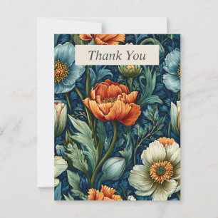 Blue, Orange & Ivory Floral on Blue Thank You Card