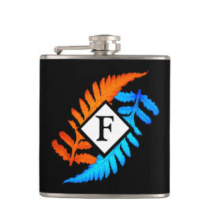 Blue Orange Japanese Painted Ferns Monogram Hip Flask