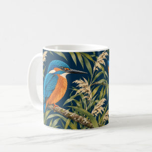 Blue Orange Kingfisher Birds on Navy Reeds Coffee Mug