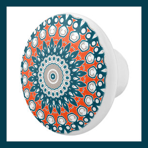 Blue & Orange Mandala Kaleidoscope Medallion Ceramic Knob
