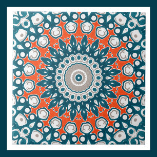 Blue & Orange Mandala Kaleidoscope Medallion Ceramic Tile