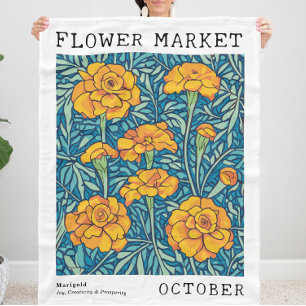 Blue & Orange Marigold October Birth Flower Market Fleece Blanket
