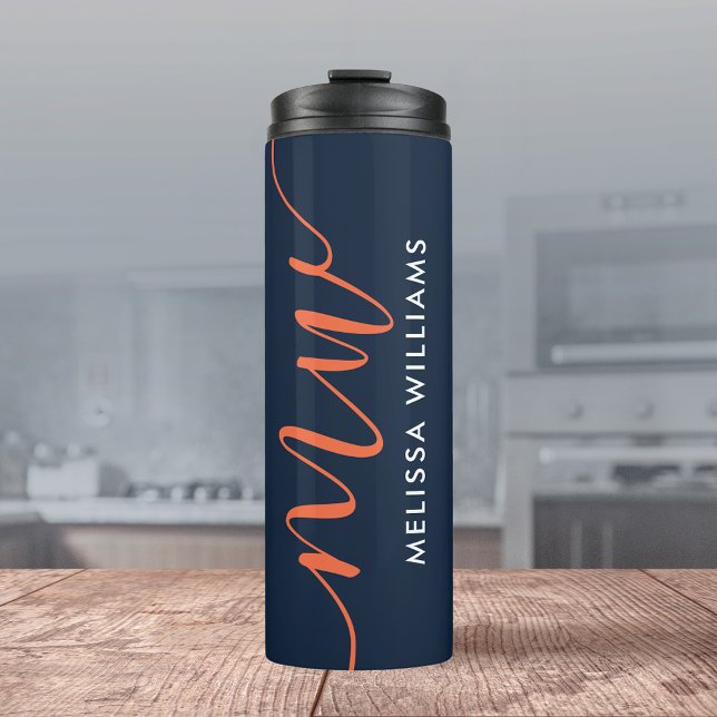 Blue & Orange Minimalist Monogram Name & Initials Thermal Tumbler (Creator Uploaded)