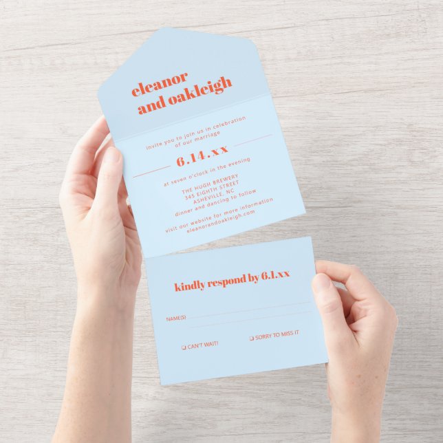 Blue Orange Modern Bold Typography Wedding All In One Invitation (Tearaway)