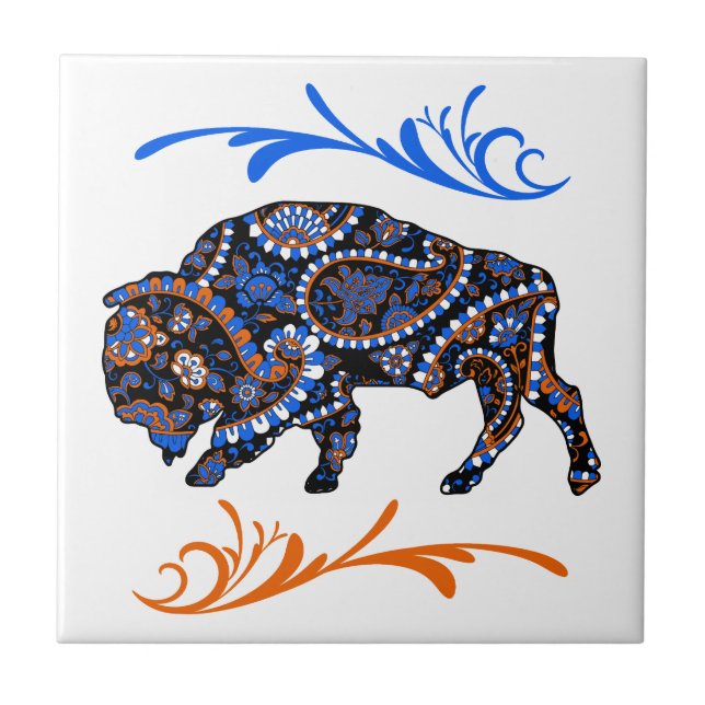 Blue Orange Mosaic Bison Art Ceramic Tile (Front)