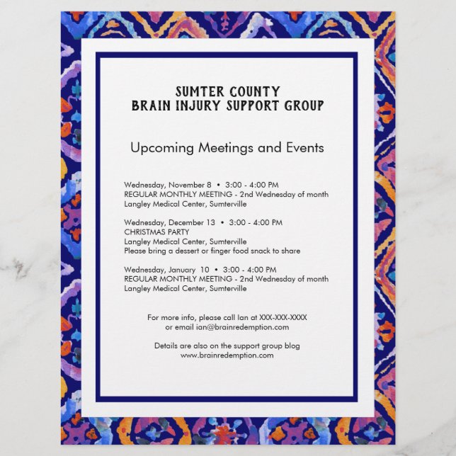 Blue Orange Navy Ikat Pattern Newsletter Flyer (Front)