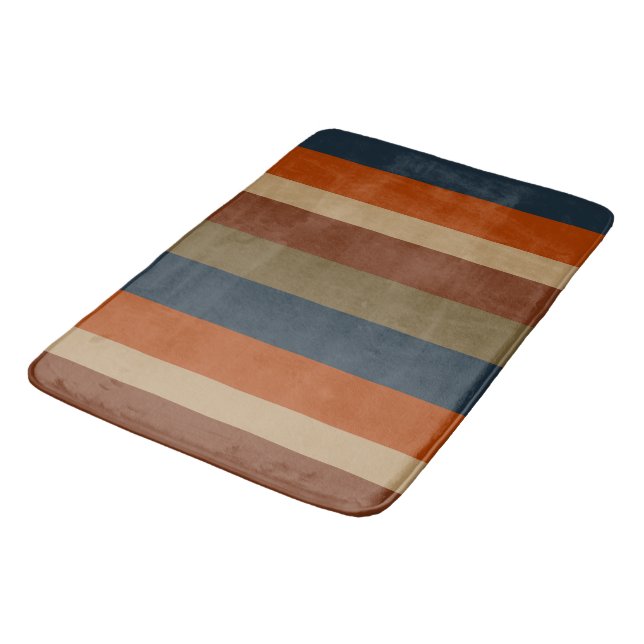 Blue, orange, olive, and sand stripes bath mat (Angled)