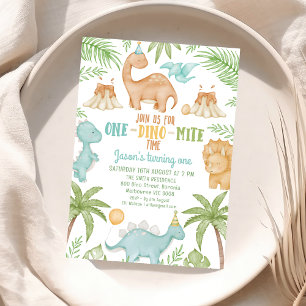 Blue Orange One Dino Mite Dinosaur 1st Birthday  Invitation