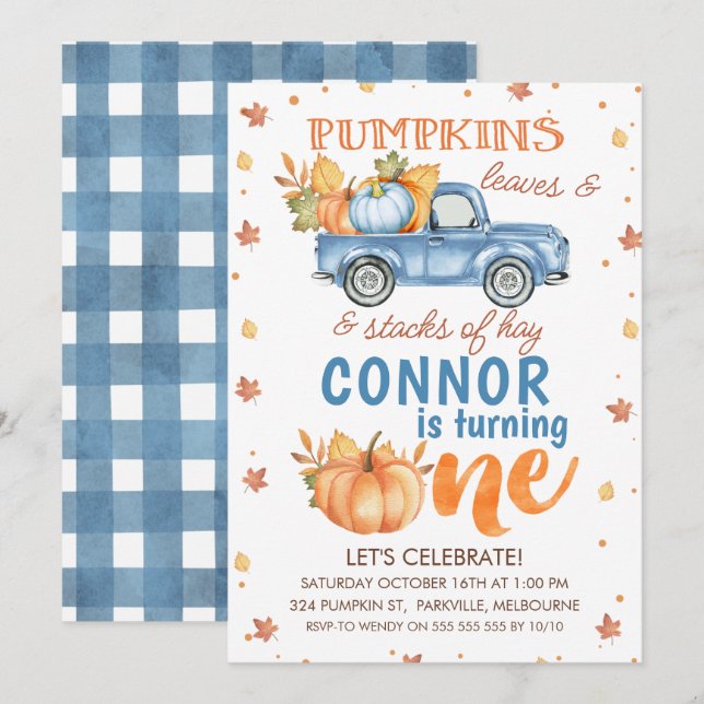 Blue Orange One Pumpkin Truck 1st Birthday Invitation (Front/Back)