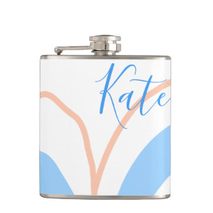 Blue orange pastel flower add name boho retro gift hip flask