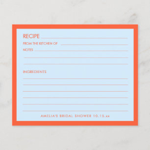Blue Orange Personalized Bridal Shower Recipe Card