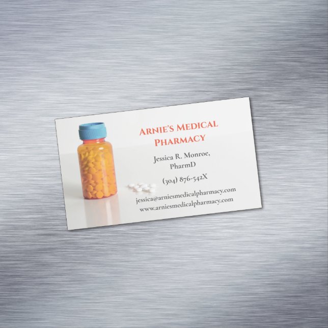 Blue Orange Pill Bottle Pharmacist Pharmacy  Magnetic Business Card (In Situ)