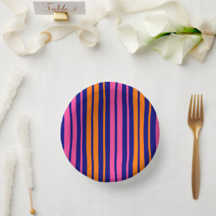 Blue Orange Pink Vertical Stripes Design Paper Plate