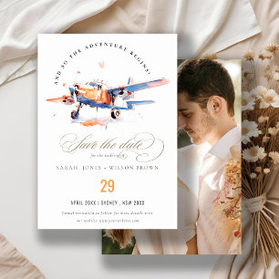 Blue Orange Pink Watercolor Aeroplane Photo Weddin Save The Date