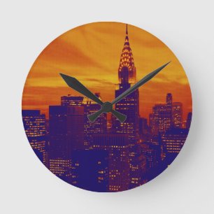 Blue Orange Pop Art New York City Round Clock